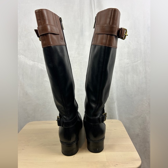 BANDOLINO BDCastin Leather Riding Boots Women's 9 Black Brown Knee High Zip Gold - Picture 2 of 9
